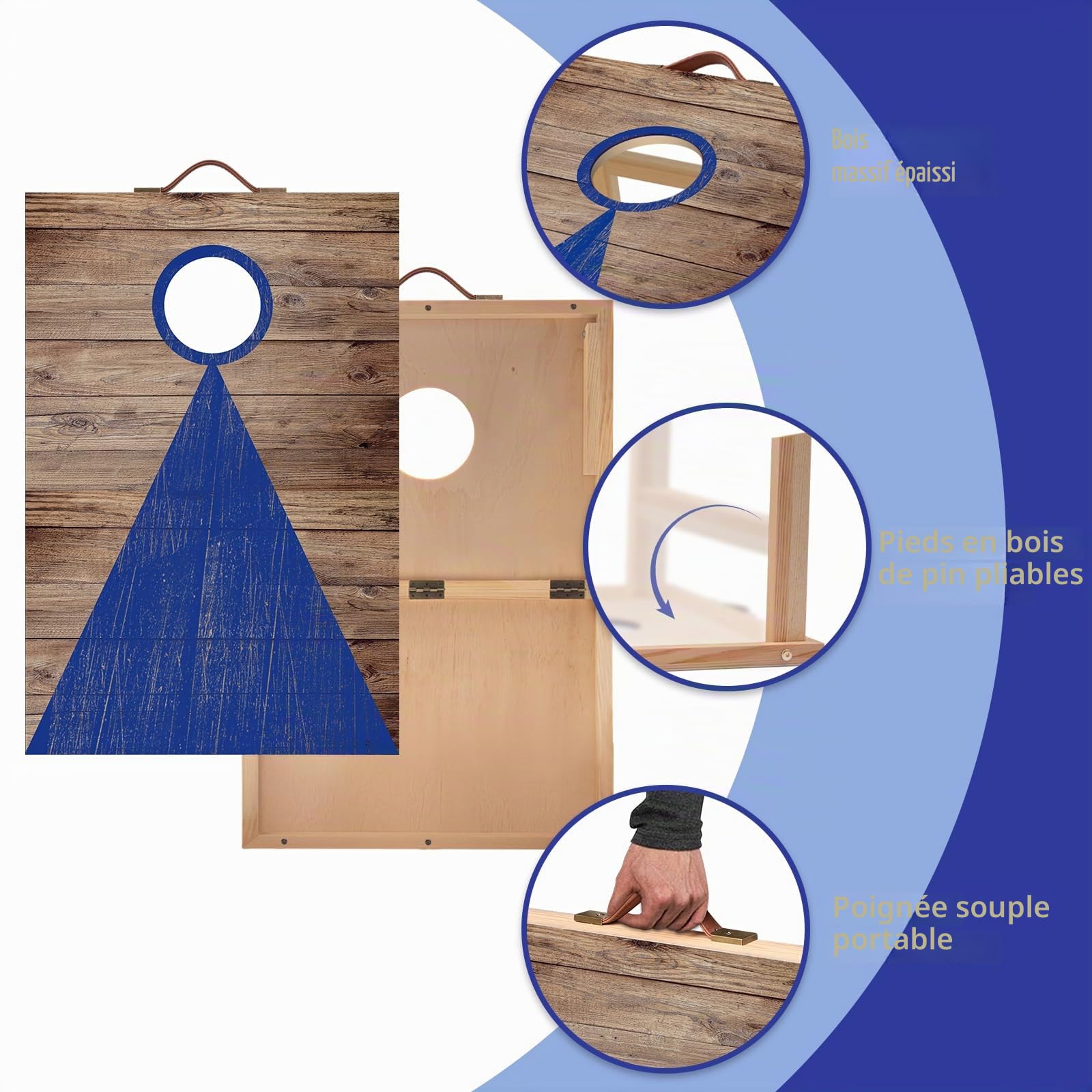 NZQXJXZ Ensemble de Jeu de Cornhole en Bois Massif - 60 x 40 cm Planches de Cornhole Pliables avec 6 poufs et Un Sac de Transport, Jeux de Lancer de poufs Portables pour Adultes et Famille