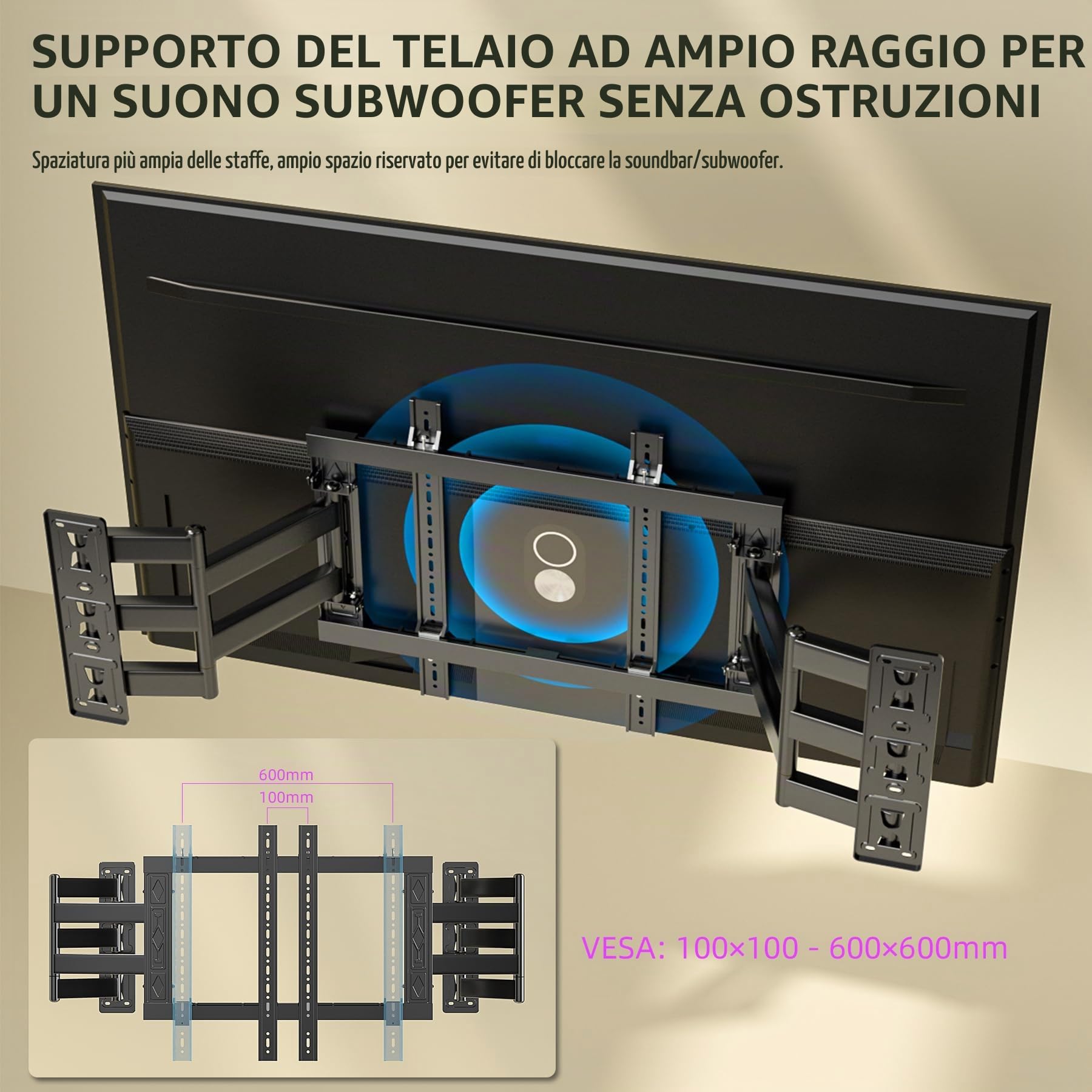 Supporto TV a Parete 10 Bracci Gran Portata 120 kg, 65-100 Pollici | Staffa TV Angolo Stanza, Profilo Ultra Sottile, Doppia piastra a muro, Piastra adattabile Standard VESA 600x600 mm