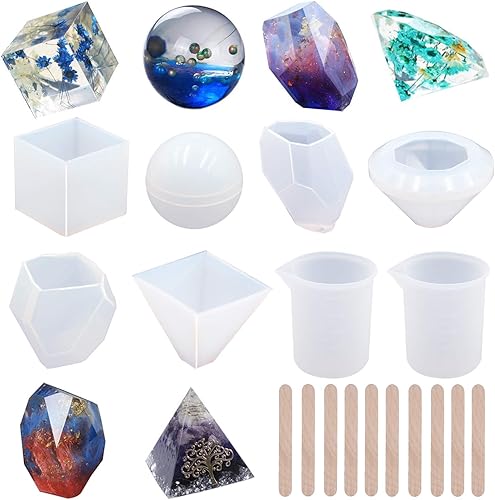 EuTengHao Juego de 18 moldes de fundición de resina de silicona, incluye 6 moldes de fundición de resina, moldes grandes de silicona transparente, 2