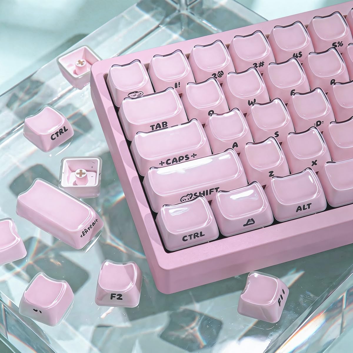 Hyekic Crystal Jelly Cat Shape Keycaps, 119 touches translucides rose mignonnes imprimées sur le côté Mao Profile Custom Keycap pour 61/68/84/87/98/100 Cherry Gateron MX Swithes Clavier mécanique