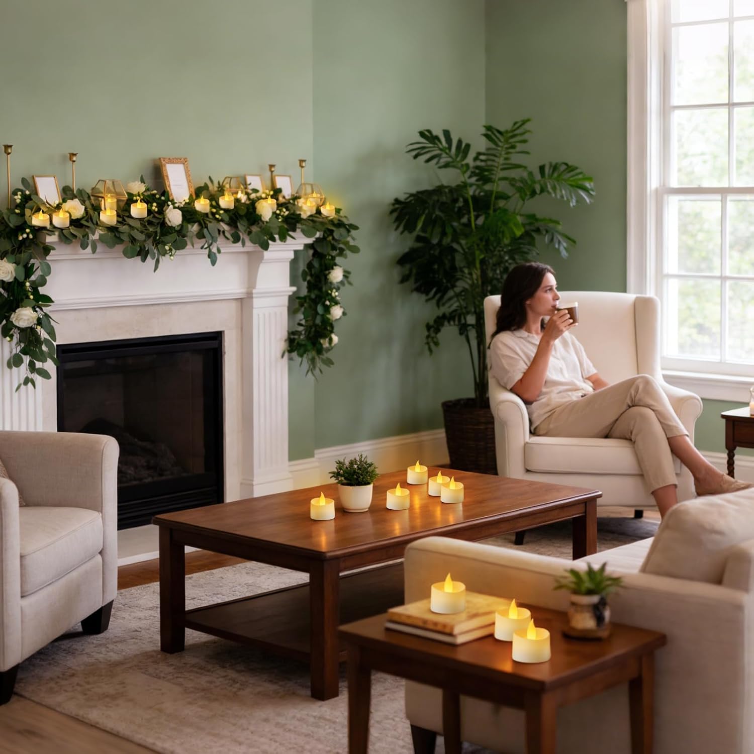 Dual-Flame Flickering Flameless LED Tealight Candles, Battery Operated Tea Lights with Realistic Amber Glow, 200+ Hour Long-Lasting Fake Candles for Home Wedding Votive Decor (White, 24 Pack)