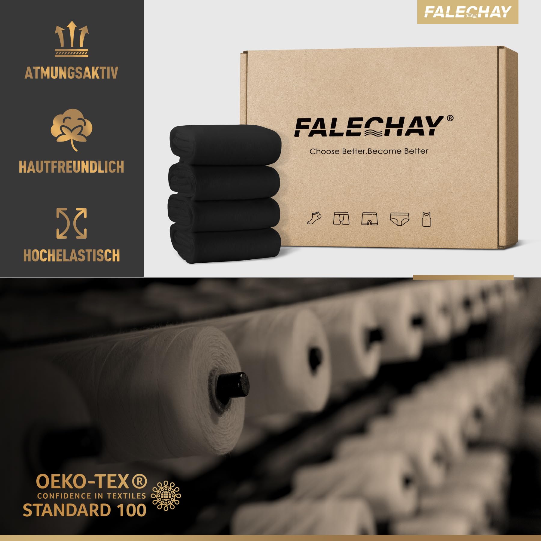 Falechay Herren Socken 12 Paar Sportsocken Classic Schwarz Atmungsaktive Baumwolle