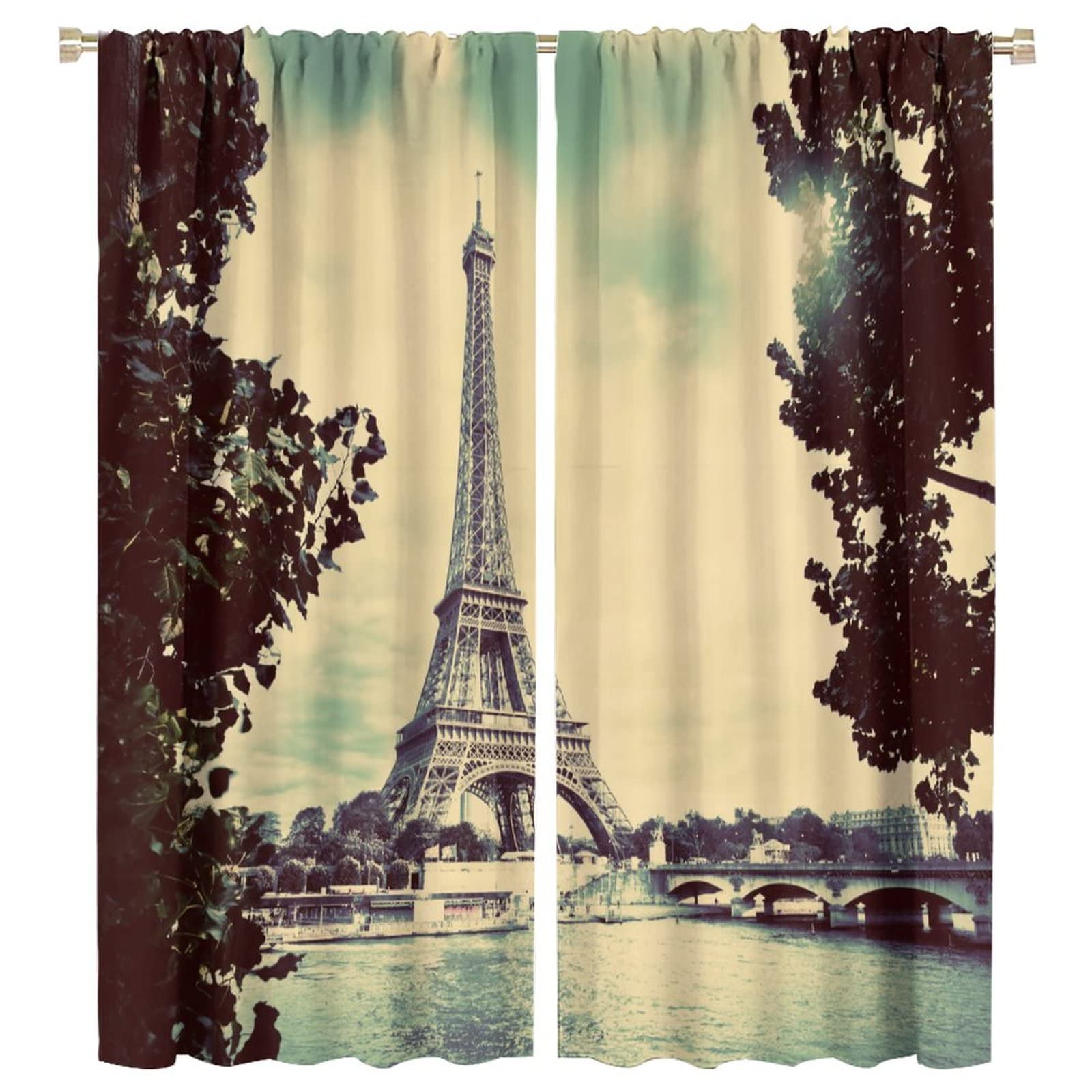 JESTRONRY Paris Eiffel Tower Seine River Blackout Curtains,Vintage France Cityscape Scene Theme Rod Pocket Window Drapes 2 Panel Set for Living Room Bedroom Kitchen Cafe W55xL63in