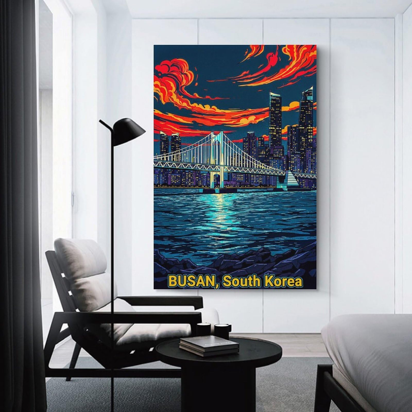 Junmoney Busan, South Korea Cityscape at Night Wall Art Print, 20x30inch(50x75cm), for Study, Office Or Focused Interiors, Home Office Artwork with Decorative Appeal