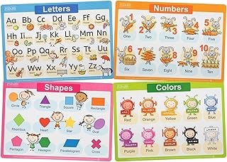 Jessie&Jade Educational Placemats for Kids - Set of 4: Alphabet, Numbers, Shapes, Colors - Washable, Durable, Reusable - Large Learning Mats for Toddlers, Preschoolers - Plastic Kids Placemat Non Slip