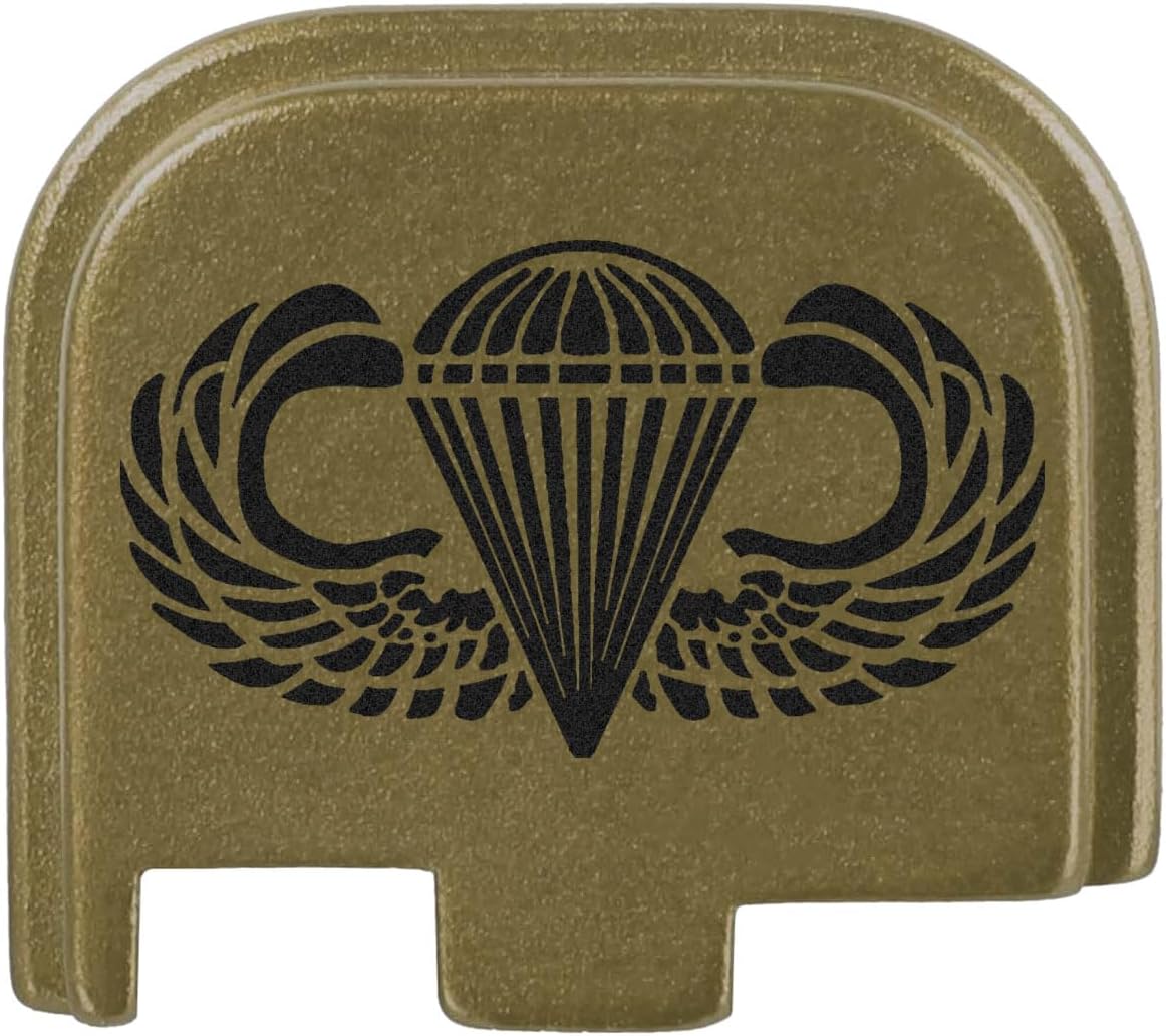 NDZ Performance Slide Cover Back Plate for Glock 43 43X 48 & PSA Dagger Micro – Aluminum Upgrade with Black Engraving – Airborne Jump Wings – Olive Drab Green