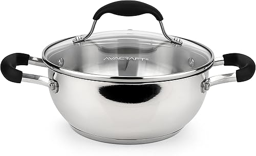 AVACRAFT Sartén de Acero Inoxidable 18/10 para Uso Diario, Sartén Wok con Base de Cinco Capas, Sartén de Chef con Tapa de Vidrio, Sartén Multiusos