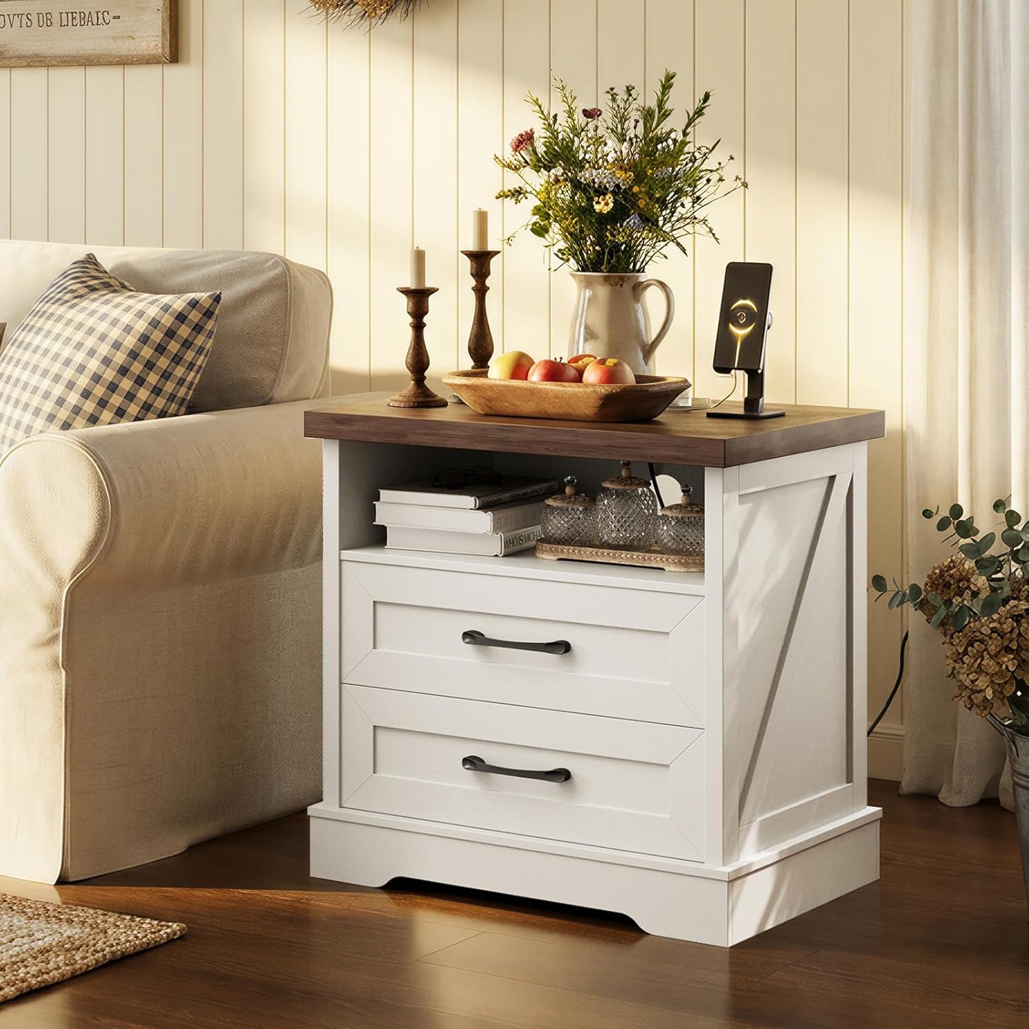 AODK 24 Inch Farmhouse Nightstand with Charging Station, Wood Bedside Table with 2 Drawers and Open Shelf, Rustic End Table with Outlet and USB, White & Dark Walnut