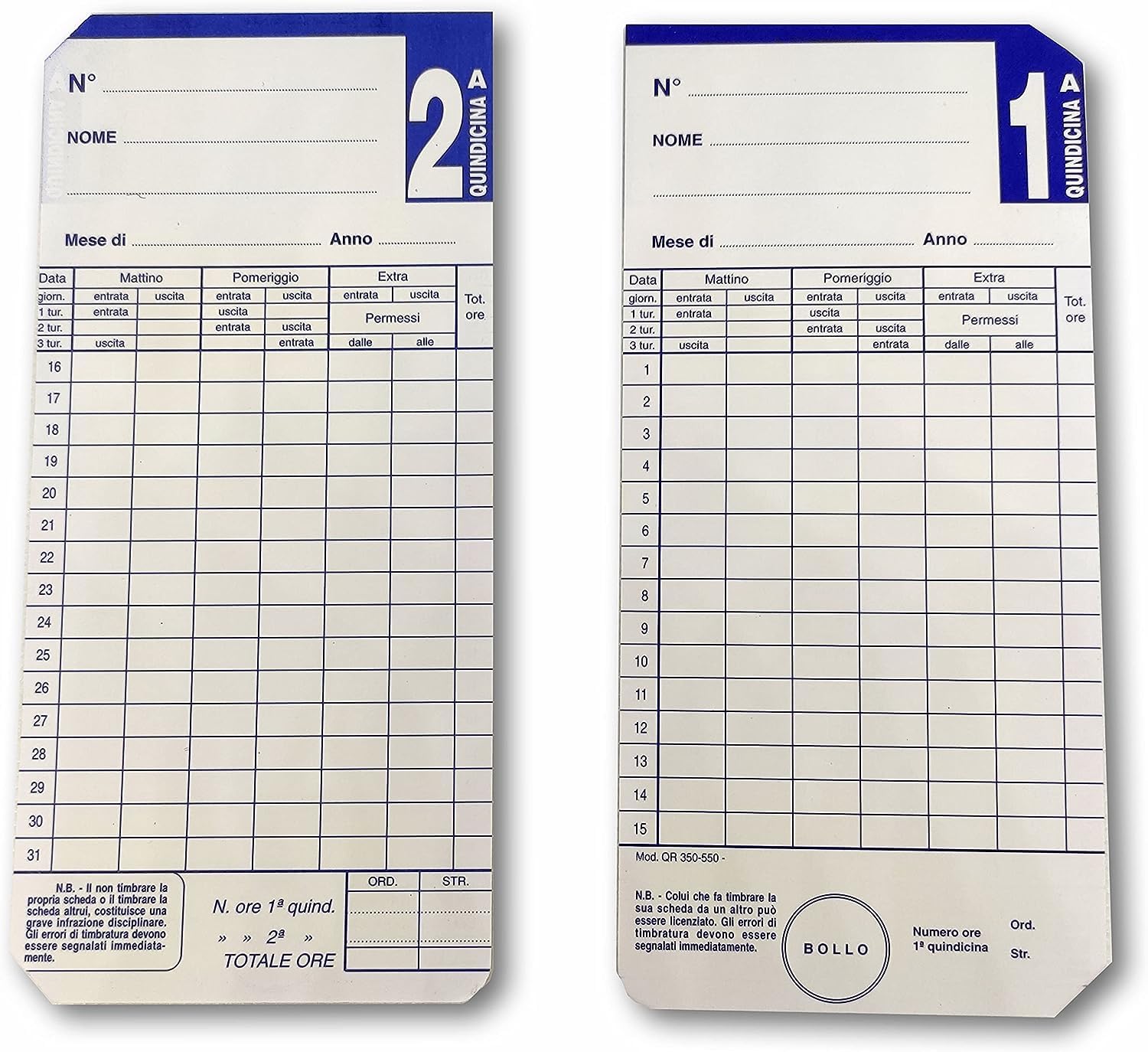 QR 350-550 Cartellini Quindicinali per Timbracartellini SEIKO: QR350, QR550, QR120, QR312, QR6560. Bianco, Set di 500 Pezzi