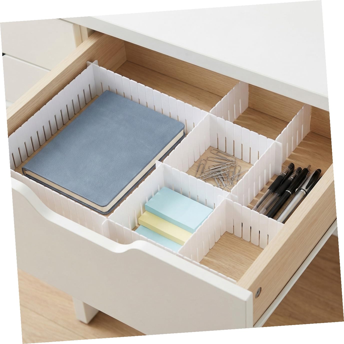 Divisori per Cassetti Regolabili in Pp Bianco, Set da 34 Pezzi Design Angoli Arrotondati e Superficie Liscia, per L'organizzazione Dell'ufficio