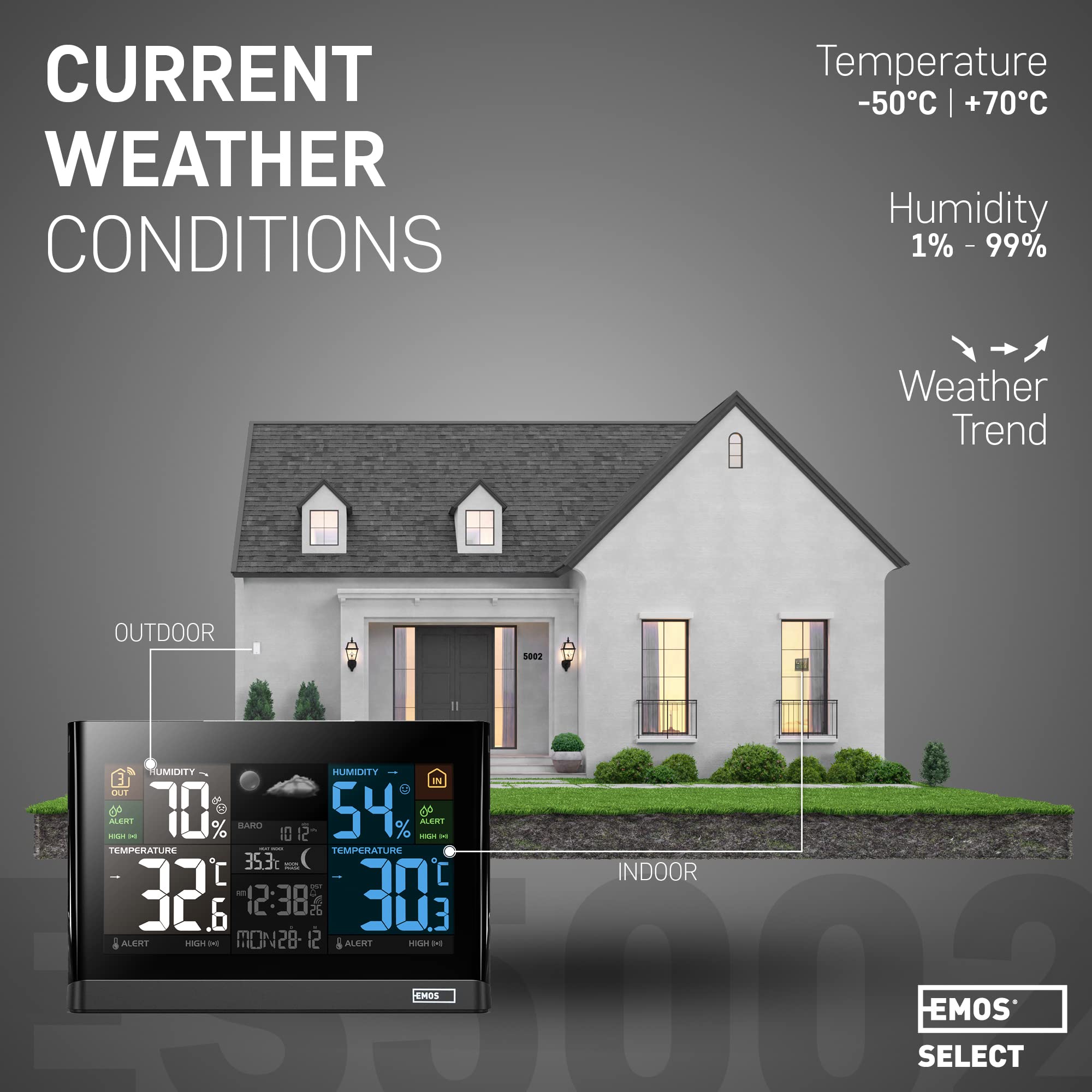 EMOS Wetterstation - Drahtloses System mit Farbdisplay, zur Wettervorhersage, für drinnen & draußen - Überwacht Zeit, Datum, Temperatur, Luftfeuchtigkeit, Luftdruck - 12-24 Stunden Vorhersage