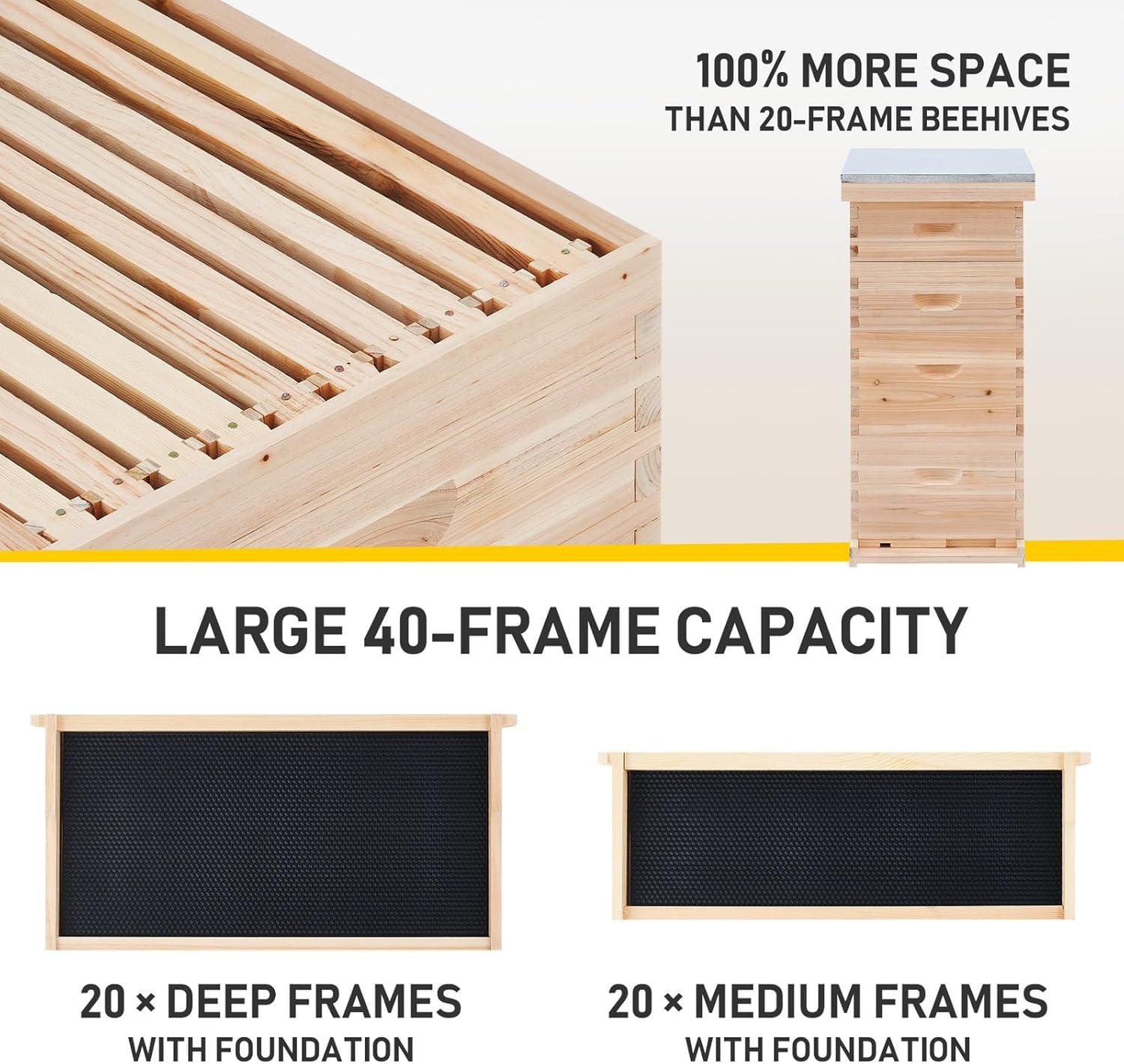 Bee Hive Boxes Starter Kit, Beehive for Bee Keeping, 4 Layer Bee House with 20 Medium and 20 Deep Frames & Foundations, Beekeeping Supplies with Plastic Queen Excluder and Nails