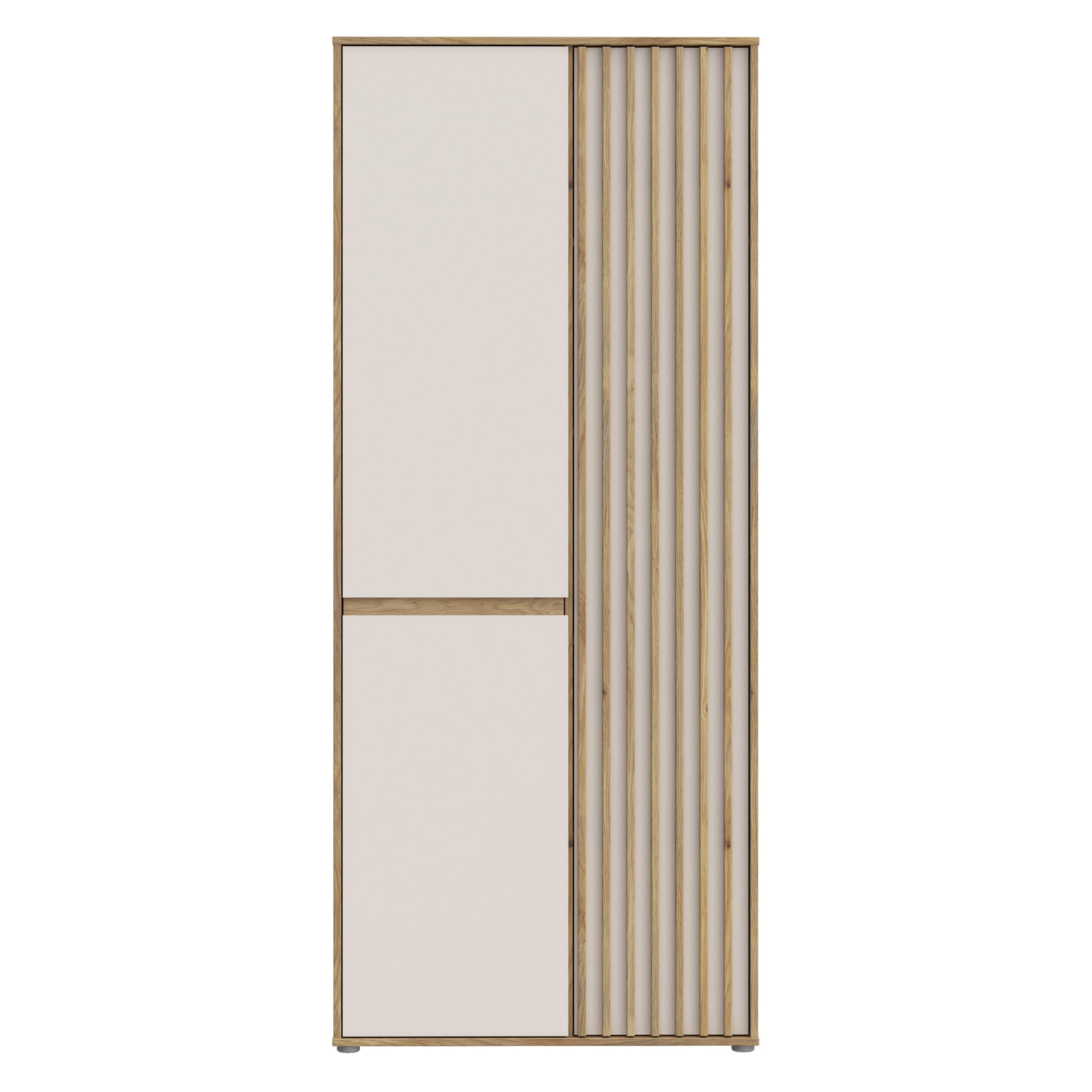 Forte ELISTON Kleiderschrank 80 90, moderner Kleiderschrank mit Lamellendesign, 2-türig, Holzwerkstoff, Schlafzimmer, Mauvella Eiche Holzdekor|Kashmir Beige, 84 cm breit x 200,1 cm hoch x 54 cm tief