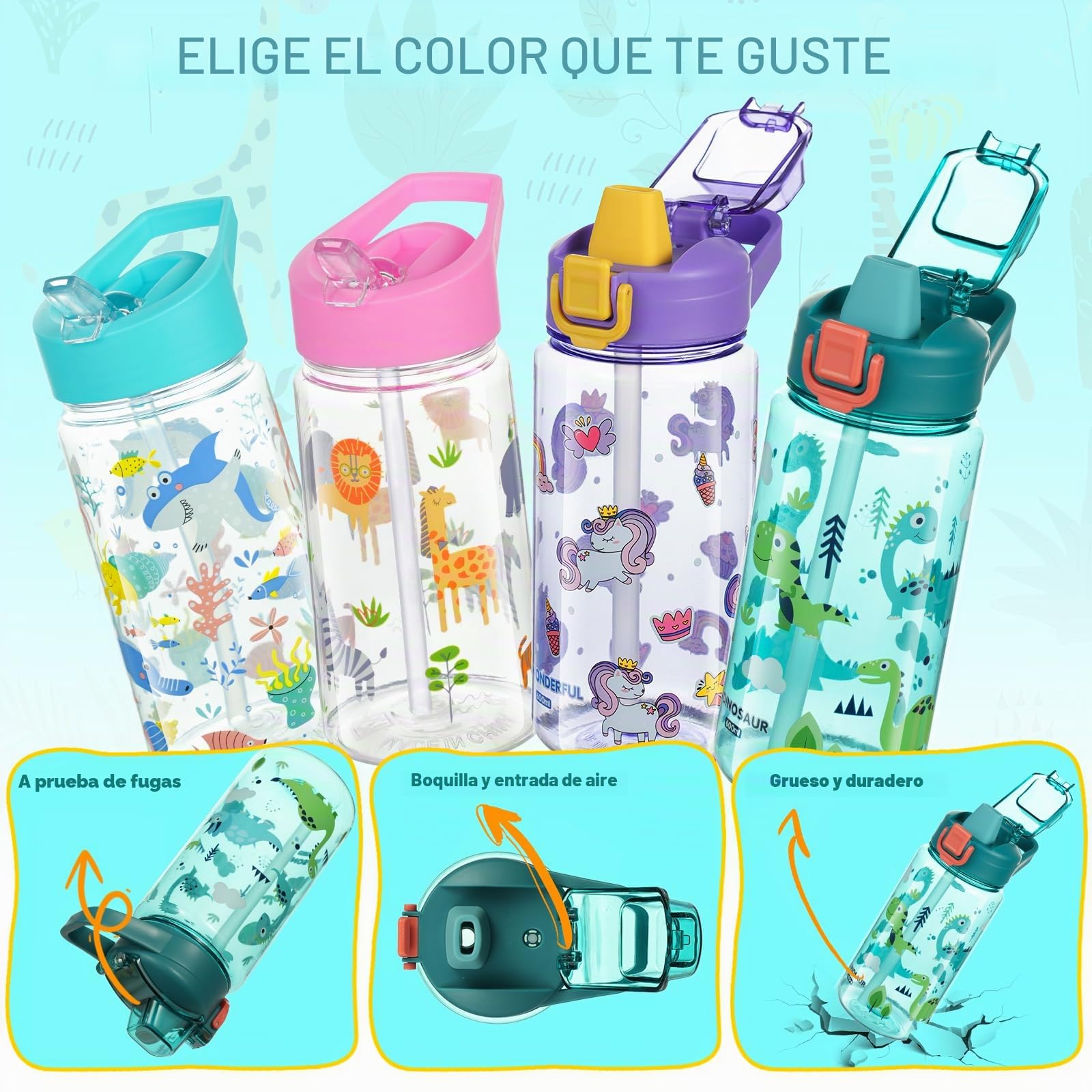 flintronic Botella de Agua Niños y Niñas, Niños Botellas Agua, Botella de Agua Pajita para Infantil, Sin BPA, Sin Fugas, Reutilizable, 600ml, Plástico -dinosaurio azul