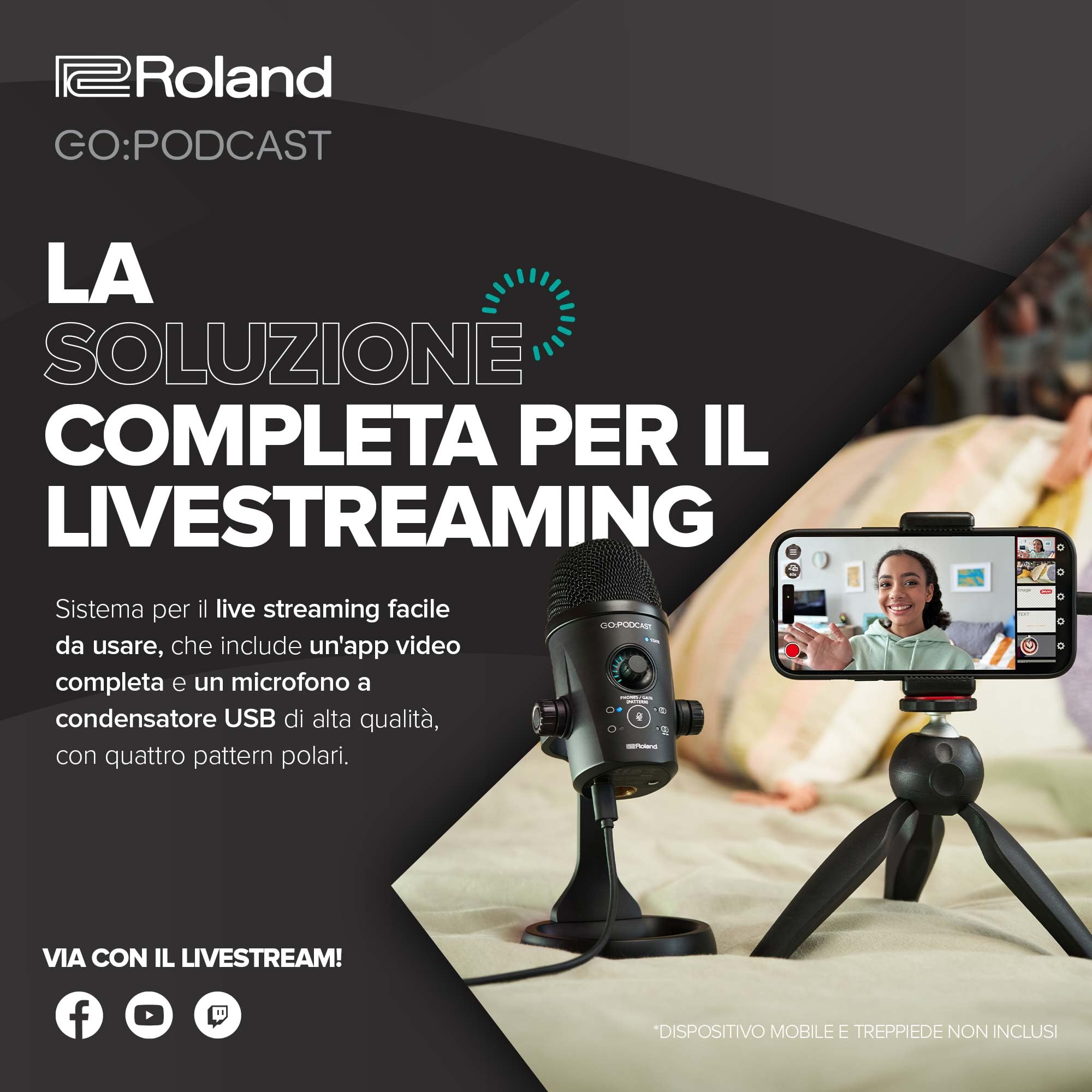 Roland GO:PODCAST Video Podcasting Studio per Smartphone | Sistema per il Livestreaming, Facile da Usare, per Podcaster, Vlogger e Altro | Video App Intuitiva | Microfono USB di Alta Qualità