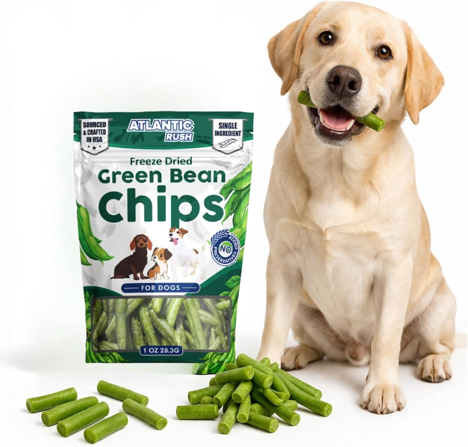 Atlantic Rush Freeze Dried Green Bean Chips for Dogs- 1oz Resealable Bag of Dried, Green Crispy Beans- Single Ingredient, No Salt or Canola Oil- Crispy, Shelf Stable - Made in USA (3, 1 oz Bag)