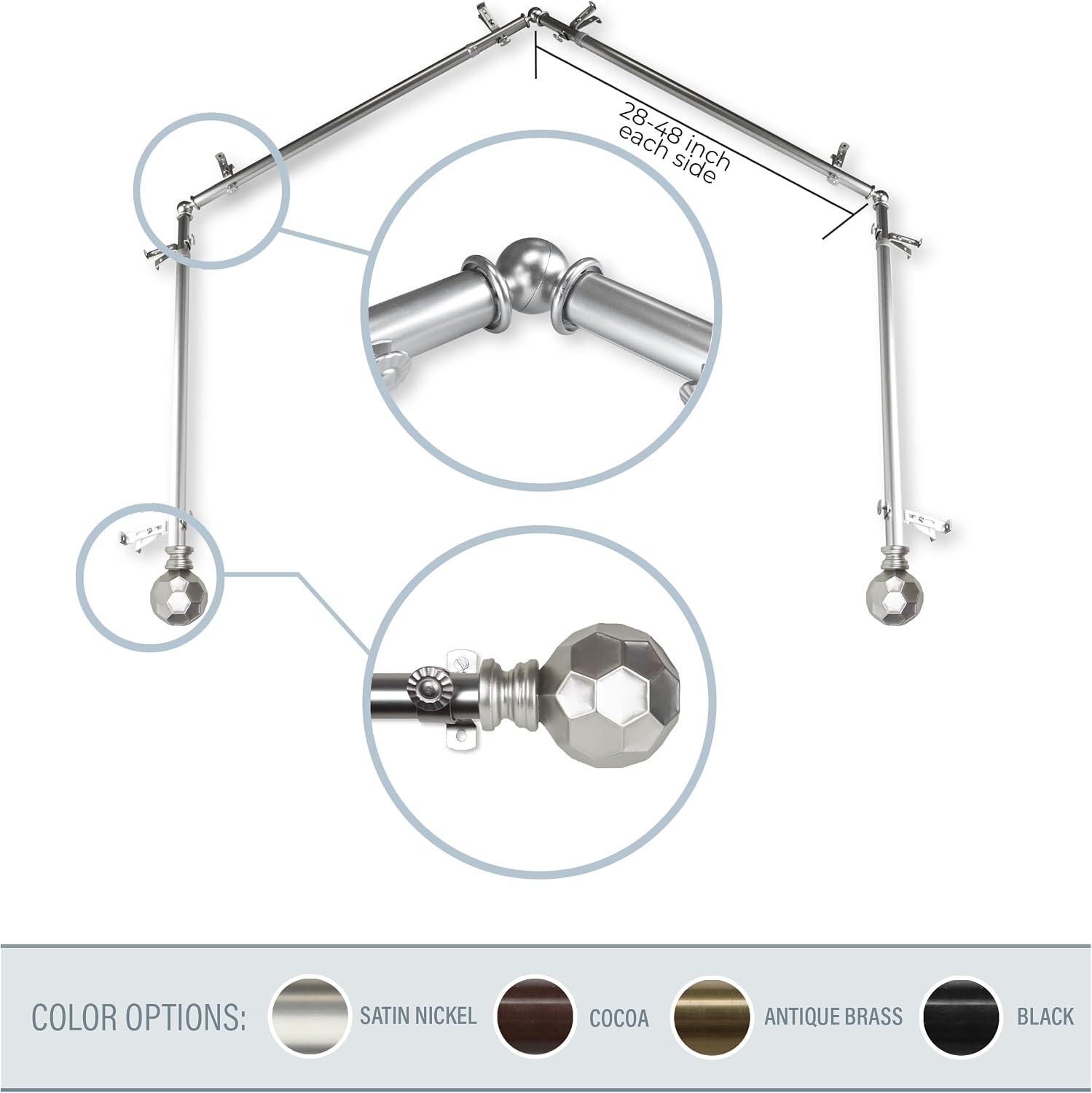 A&F Rod Décor - Cara 13/16" 4-Sided Bay Window Curtain Rod - Satin Nickel