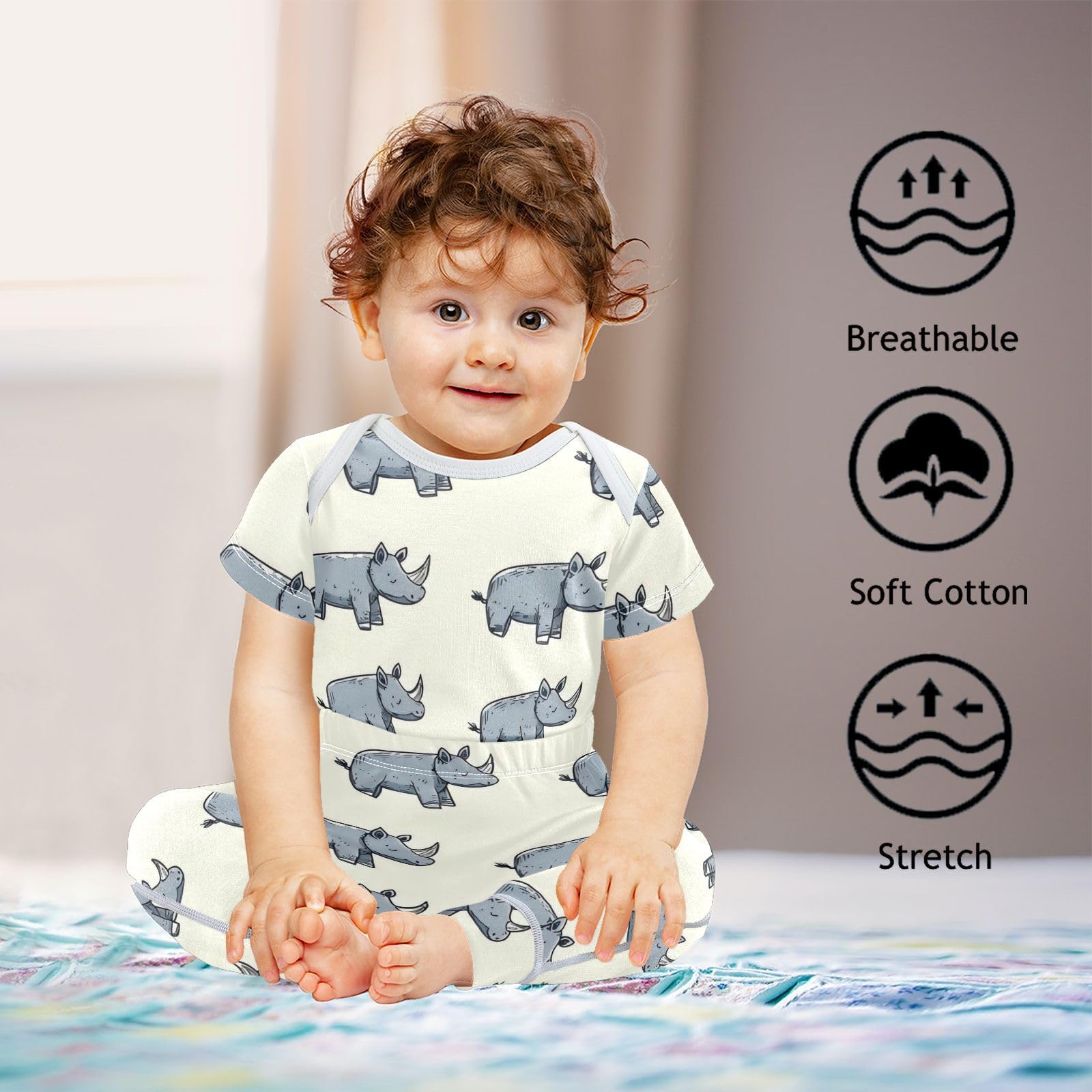 vvfelixl Cartoon Rhino Stick Figure Baby Bodysuits Set,Baby Layette Sets Unisex Short Sleeve Babys Pants Sets 6-9M