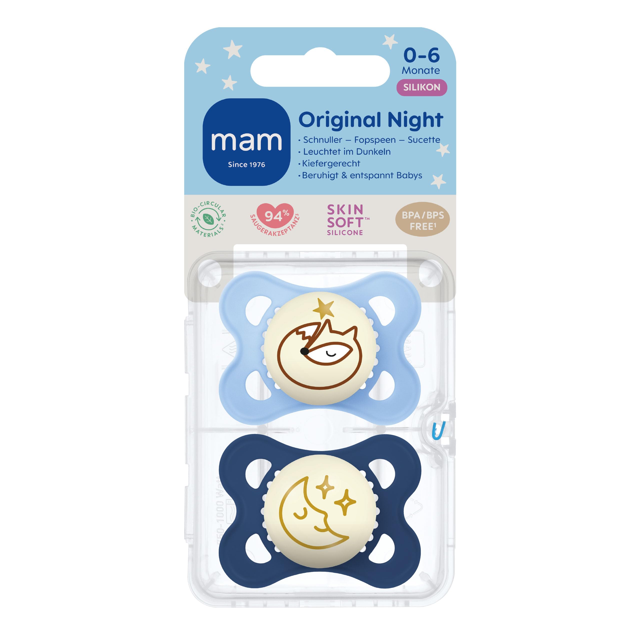 MAM Original Night Schnuller | 0-6 Monate | leuchtende Schnuller für Neugeborene | 94% Akzeptanz | stillfreundlich | Babyschnuller von Hebammen empfohlen | SkinSoft Silikon | Fuchs/Mond | 2 Stück - 3