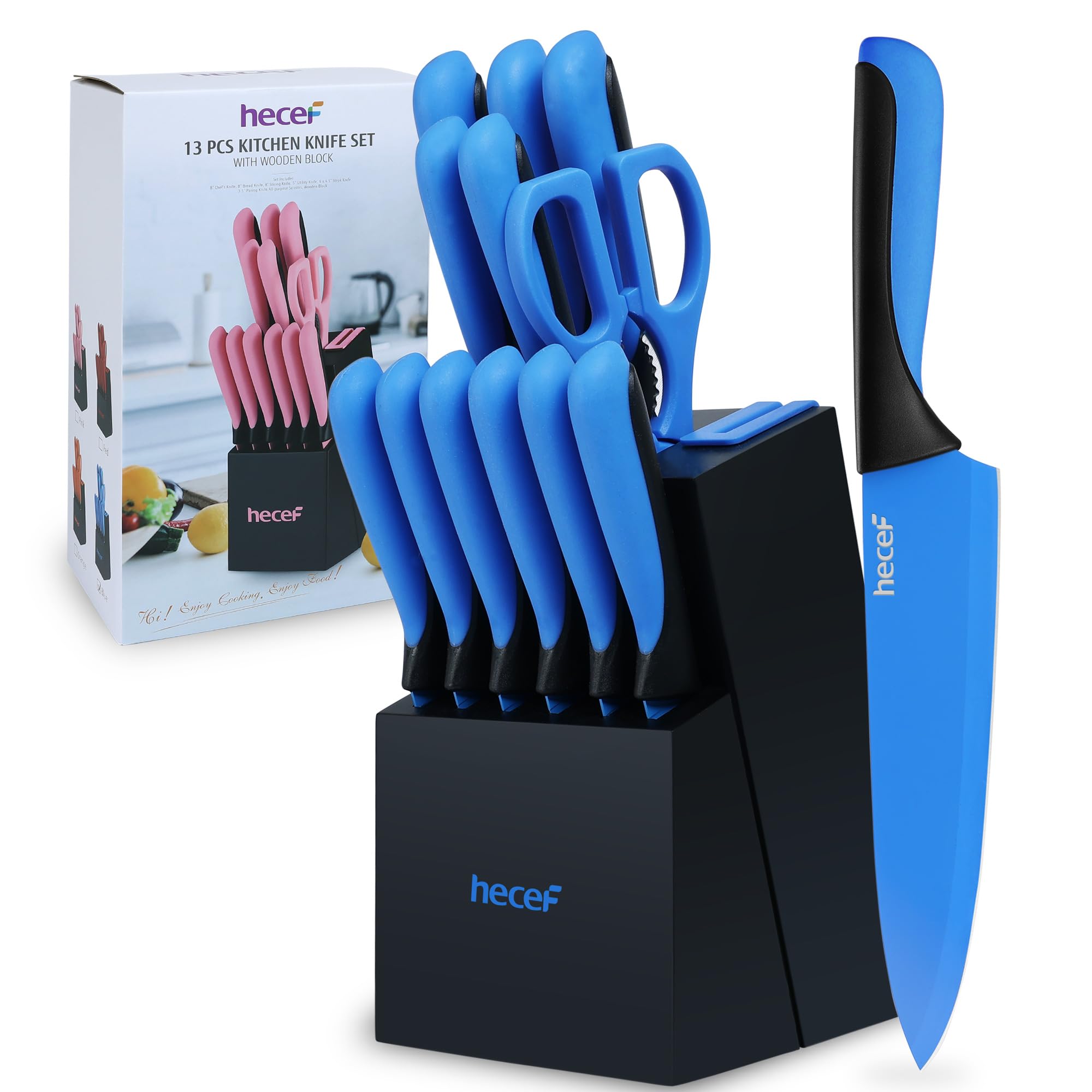 hecef Professional Knife Block Set with Knives Featuring Built-in Sharpening & Non-Sticking Coating - Crafted from High Carbon Stainless Steel (Blue)