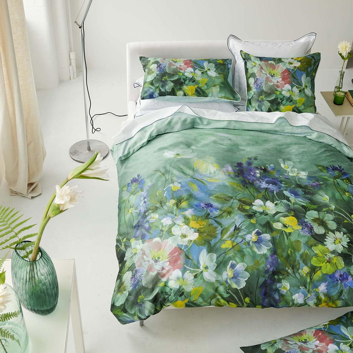Designers Guild Printed Cotton Satin Duvet Cover, Gladys Blossom, 140 x 200 cm, Medium Green, 260 x 240 cm