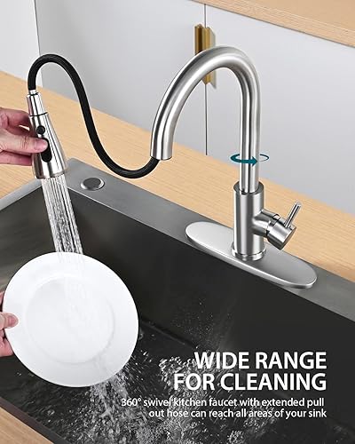 Miniatura 3 de Grifo de fregadero de cocina con rociador desplegable con placa de cubierta, grifo de arco alto de níquel cepillado, grifos modernos de acero