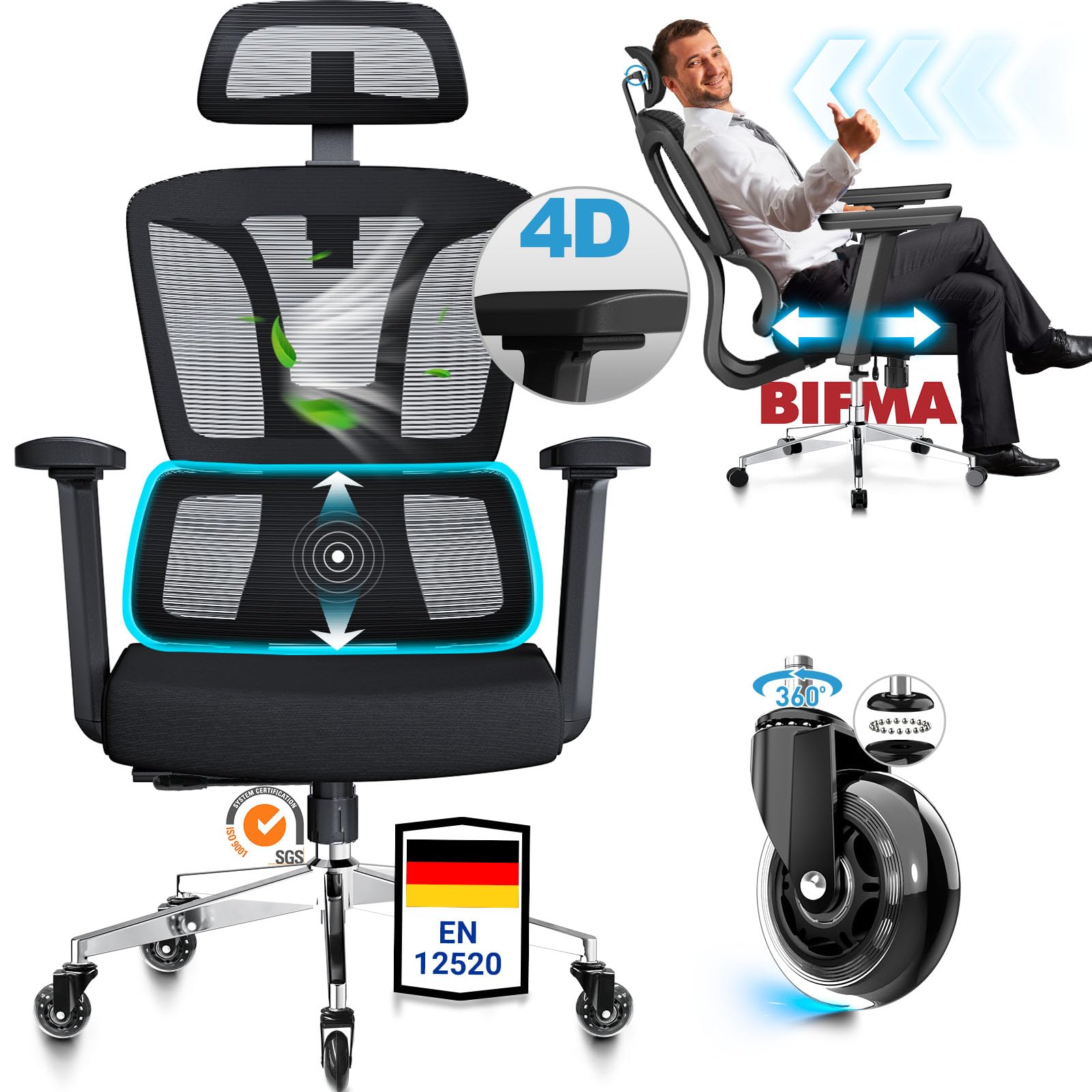 MELOKEA Bürostuhl Ergonomisch, 4D-Armlehnen, Verstellbare Sitztiefe, 4-Stufen Neigung, 3D-Kopfstütze, Gummirollen, Hohe Rückenlehne, Lordosenstütze, Langes Sitzen, Office & Gaming, Bürostuhl 200KG