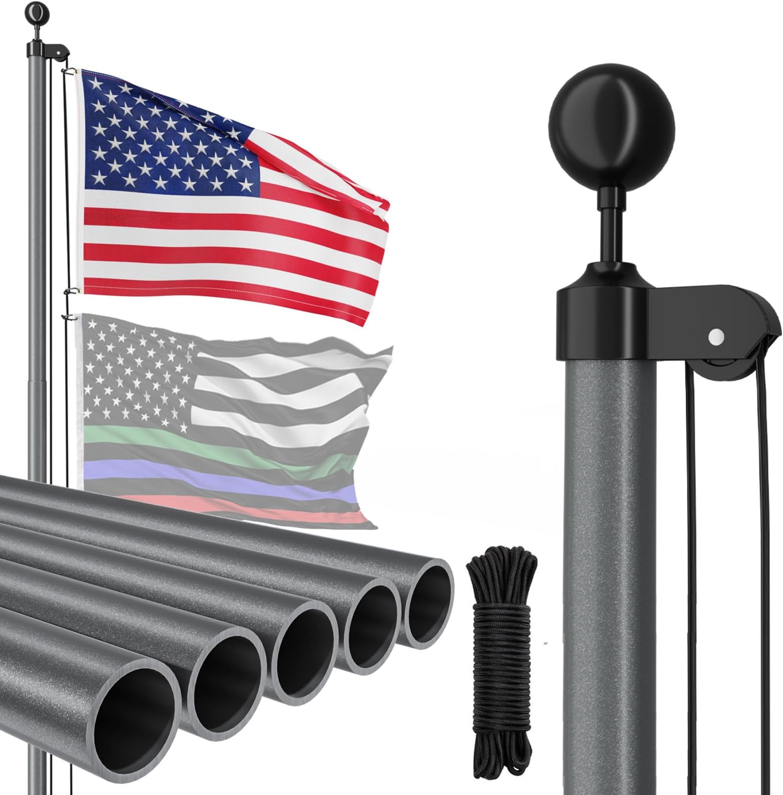 Heavy Duty 25FT Flag Pole, 45K PSI & 95 HBW Hard Aerospace Aluminum, Unbending In-Ground House Flagpole Kit
