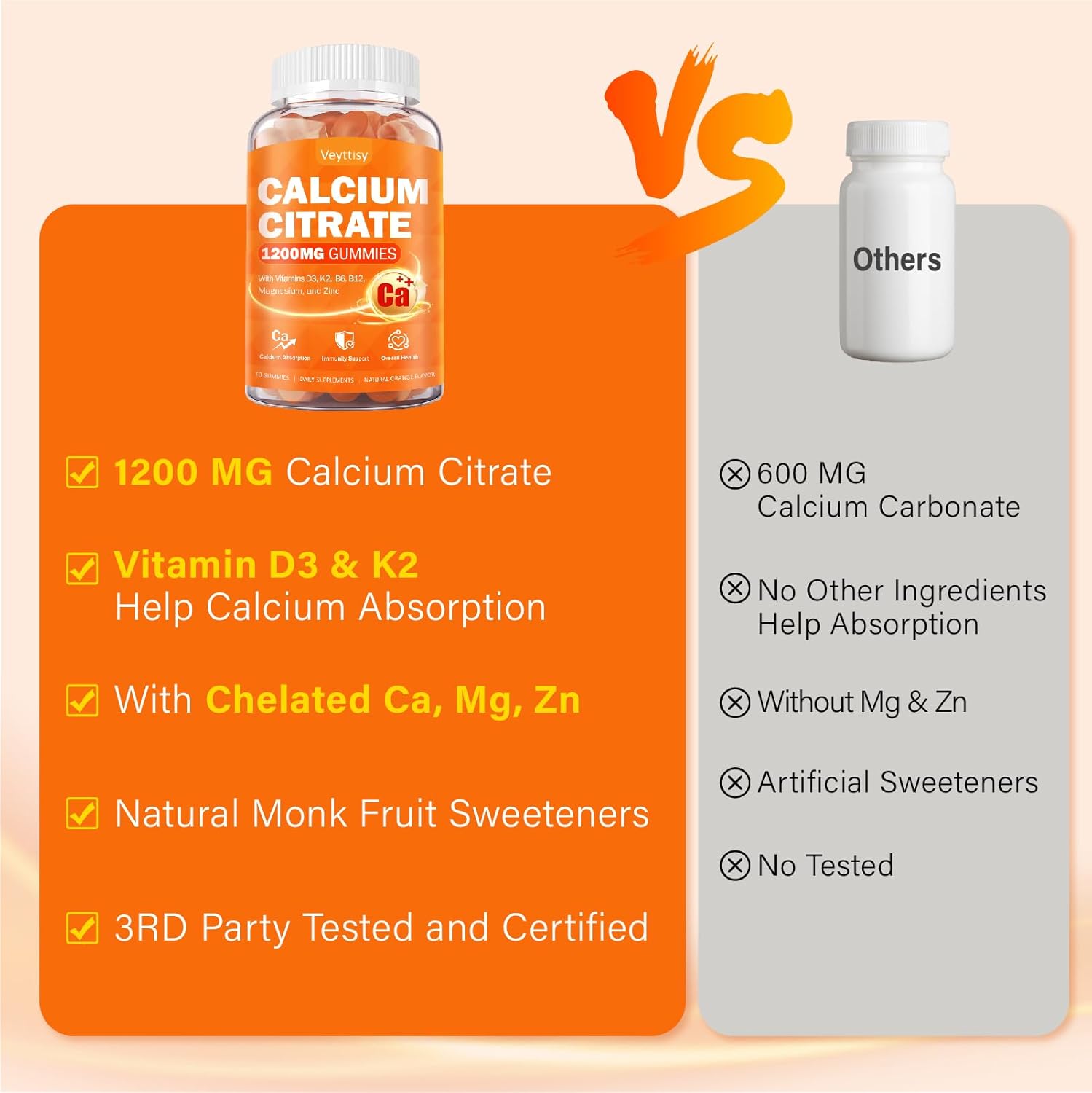 Calcium 1200 mg with Vitamin D3 Supplement for Adults - Calcium Gummies with 5000iu Vitamin D3, K2, B6, B12, Magnesium & Zinc - Calcium Supplement for Women Men - Easy to Digest, Vegan - Image 7