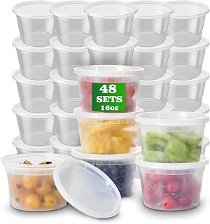 Plastic Deli Containers with Lids, 48 Sets 16oz Leakproof Soup Storage Containers for Restaurant, Round Takeout Deli Cups for Food Slime Meal Prep Leftover, BPA Free, Microwave/Freezer Safe