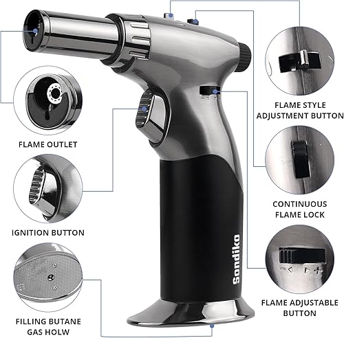 Miniatura 4 de Sondiko Potente soplete de butano de llama de estilo dual, encendedor de butano de tamaño de llama triple ajustable, soplete recargable con bloqueo