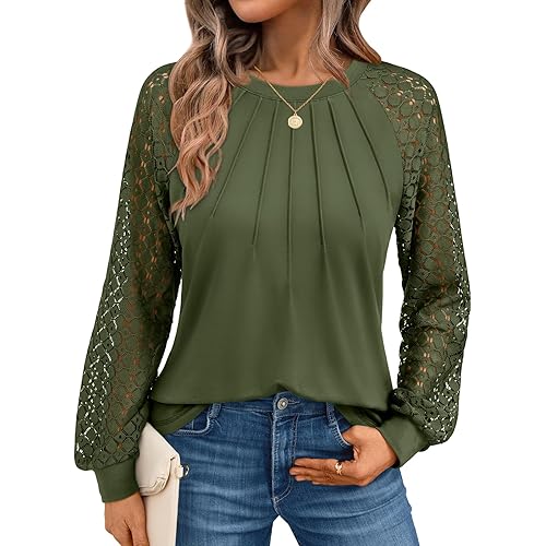 AUTOMET Womens Long Sleeve Shirts Pleated Lace Tops Fall Fashion Outfits Business Casual Blouses