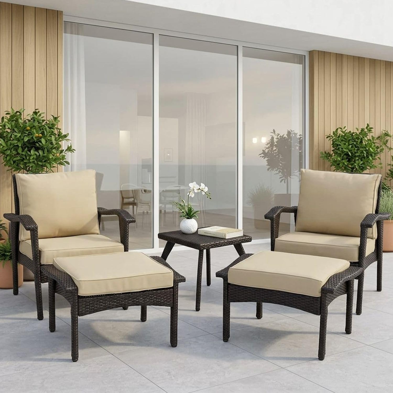 DEVOKO 5 Piece Patio Outdoor Wicker Sofa Ottoman Set with Center Table Rattan Bistro Furniture Water Resistant Cushions for Garden, Porch, Deck(Dark Brown & Cream)