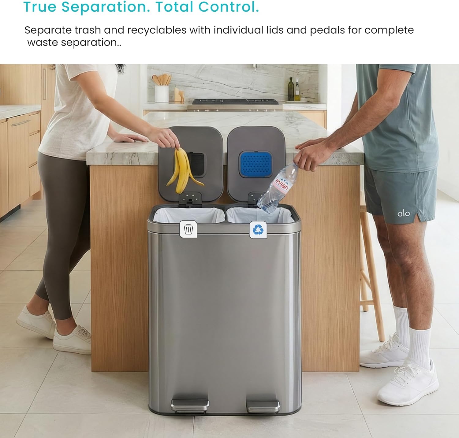 Home Zone Living 13 Gallon Dual Compartment Step Trash Can with Soft-Close Lids, Stainless Steel, Silver