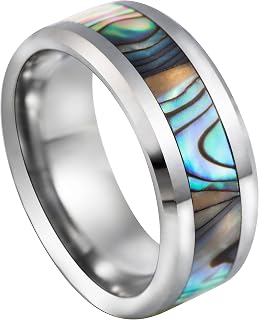 8mm Tungsten Carbide Natural Abalone Shell Comfort Fit Men Ring Wedding Engagement Band High Polished Finish, Hawaiian Ocean Sea Jewelry, with Gift Box Included