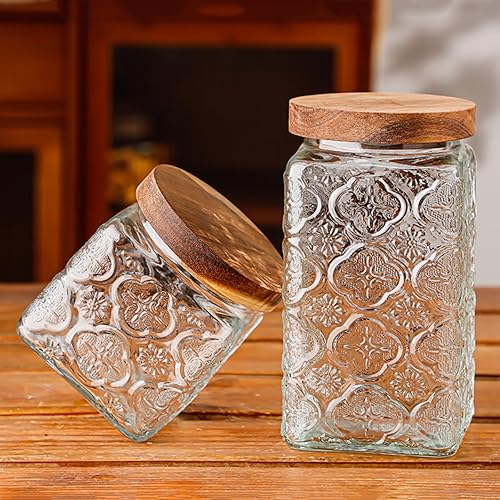 Miniatura 6 de ANSQU Tarro de almacenamiento de vidrio vintage, recipiente de almacenamiento de vidrio con tapa de madera hermética para encimera de cocina,