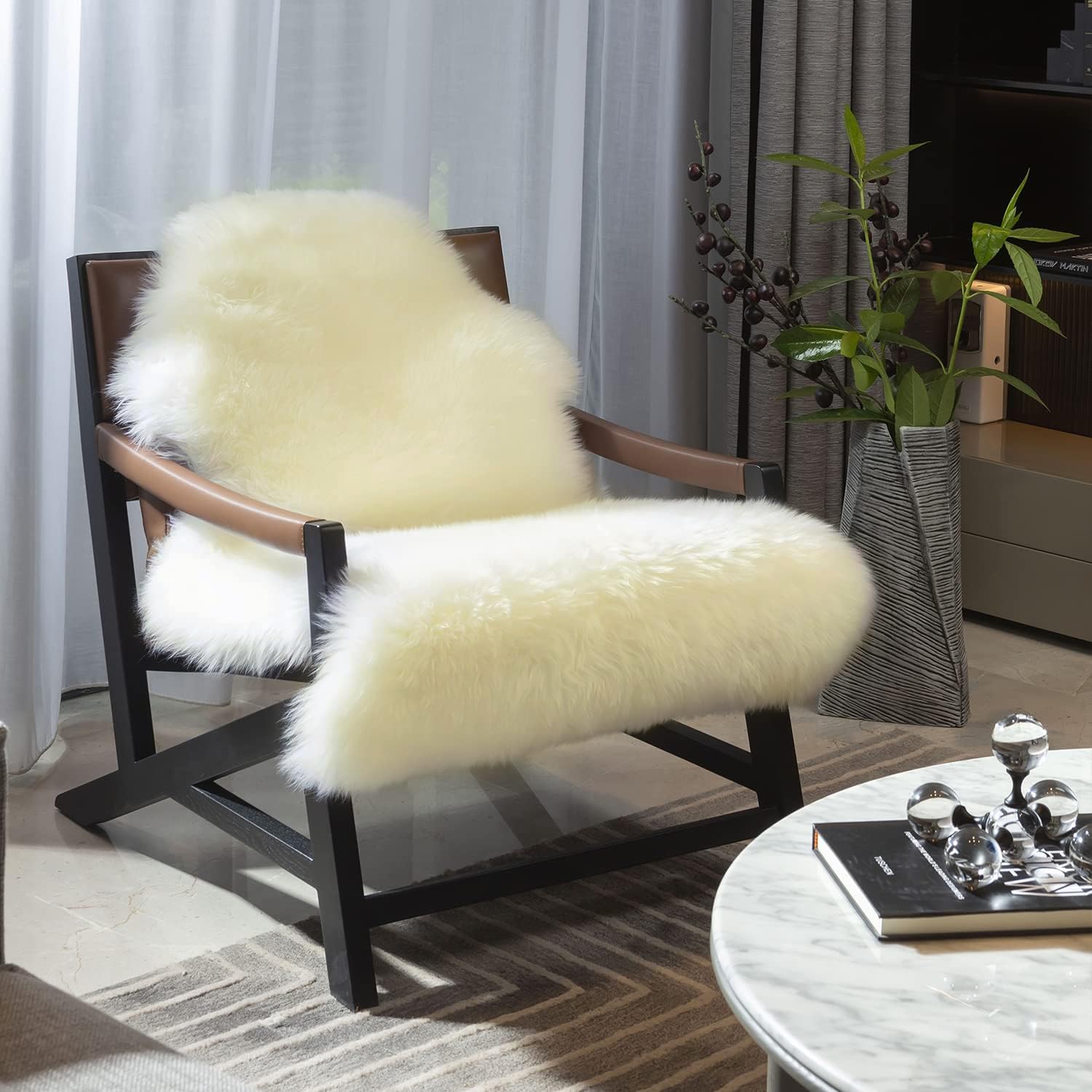 MH MYLUNE HOME Genuine Sheepskin Rug, New Zealand Natural Sheepskin Throw, Luxury Fluffy Sheepskin Seat/Chair Cover, Real Soft Shearling Lambskin Rug