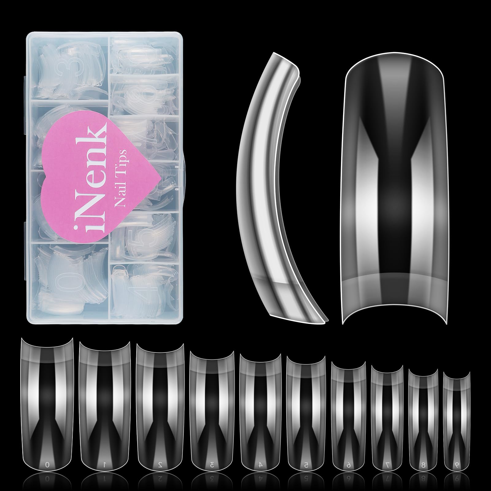 INNEK Clear Tapered Square C Curved Nail Tips, INENK Long Square Half Cover Fake Nail Tips for Acrylic Nails Professional Dip Powder Nail Salons and DIY Nail Art 80 90s(500PCS 10SIZES)