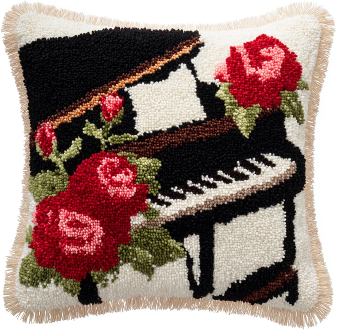 RKFLGEW DIY Latch Hook Kits Piano and Roses DIY Throw Pillow Cover Crochet Yarn Needle Craft Handmade Cushion for Home Sofa Decoration 43x43cm
