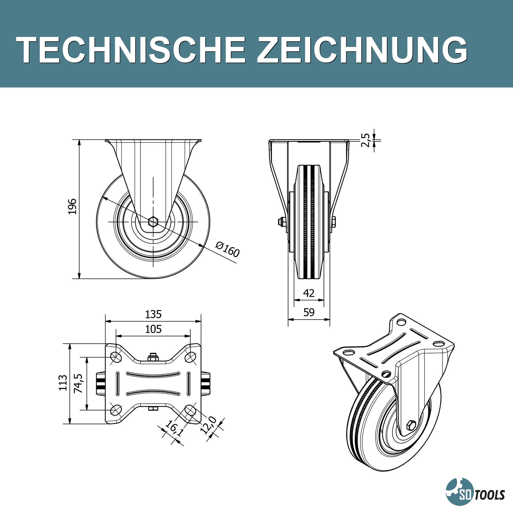 SOTOOLS 4er Set Schwerlastrollen MOVEX | Ø 16 cm Gummi-Laufrolle, Höhe 19.6 cm | 2x Lenkrolle mit Bremse, 2x Bockrolle, 440 kg Traglast - Für Möbel, Werkbänke & Industrie