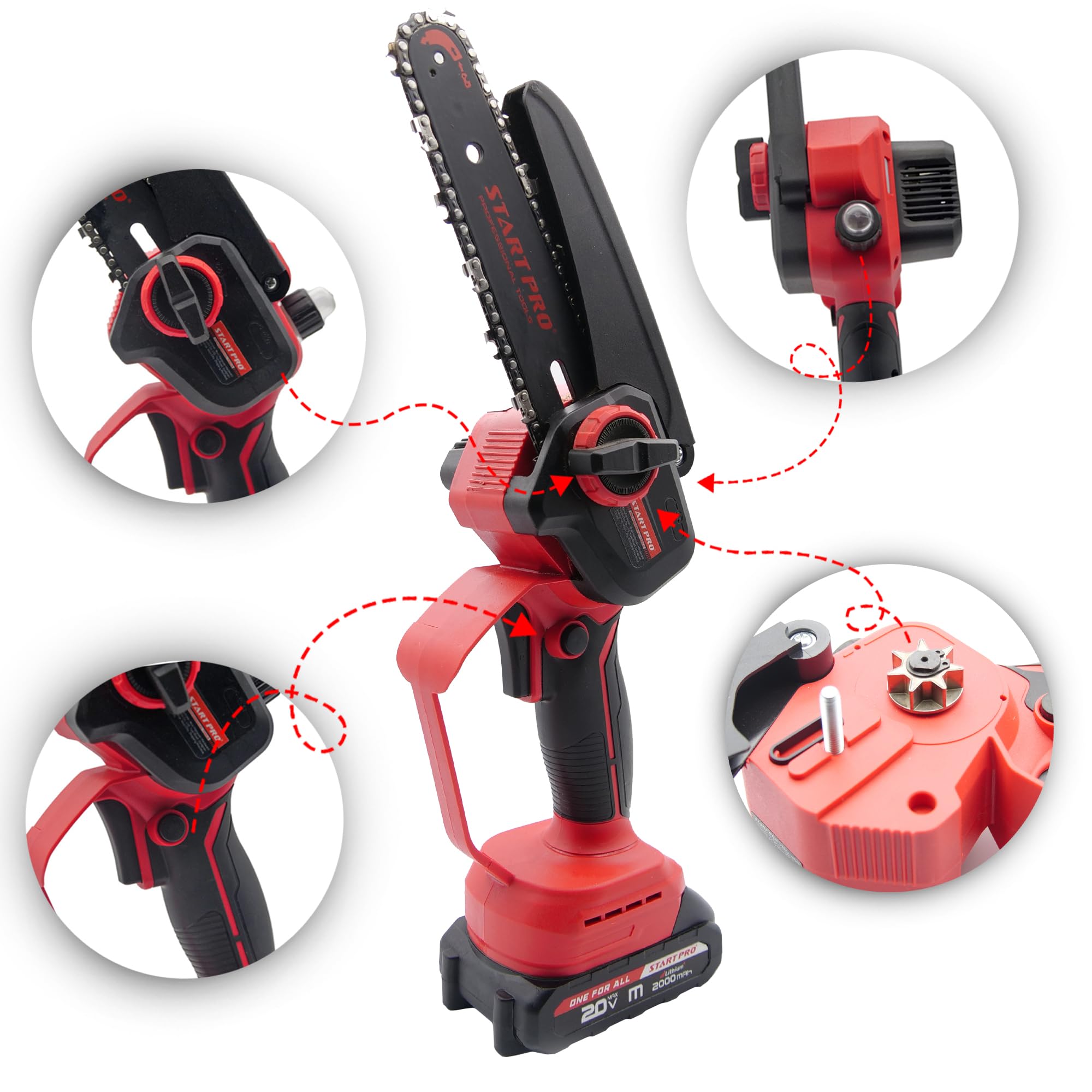 Mini piła łańcuchowa akumulatorowa 6 cali StartPro SBS2-21/6MBX, elektryczna piła łańcuchowa z 2 akumulatorami 2,0 Ah i ładowarką, 2 łańcuchy, ręczna piła łańcuchowa do cięcia drzew, gałęzi, drewna