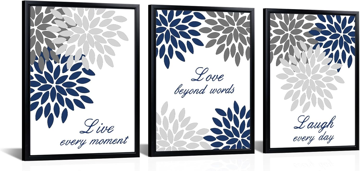 Derkymo 3 Pieces Framed Bathroom Wall Decor Live Love Laugh Sign Picture Wall Art Navy Blue Dahlia Flower Wall Art Ready to Hang 12"x16"x3pcs