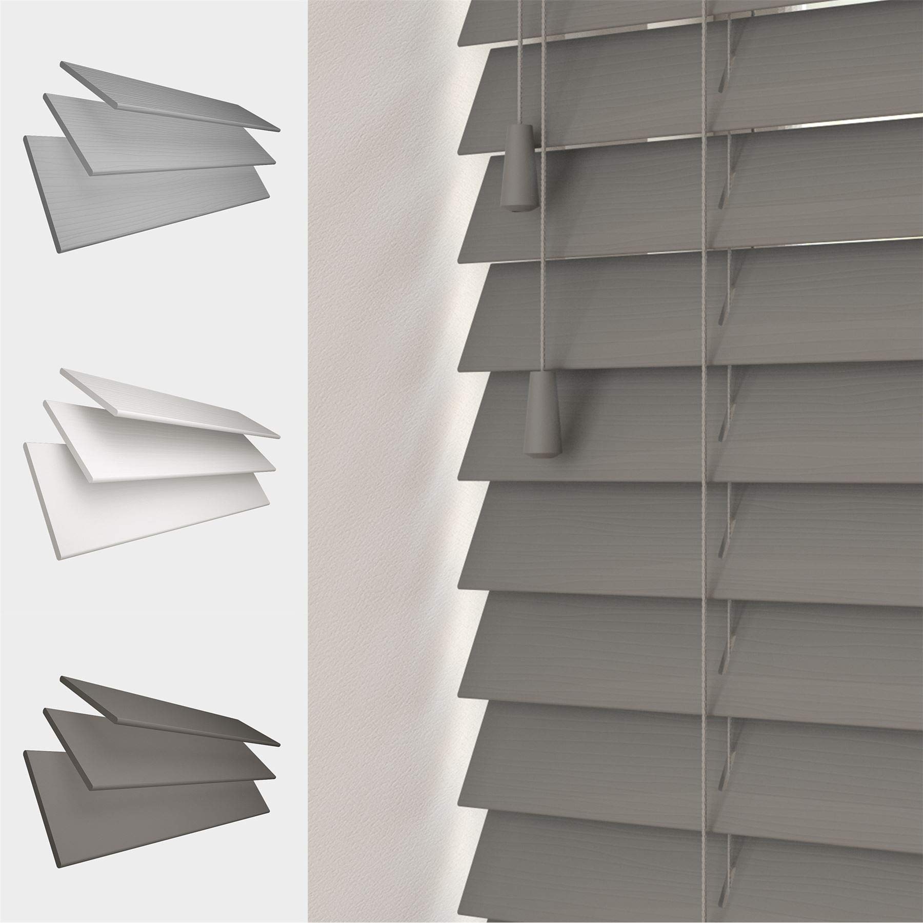 FAUX WOOD GRAIN VENETIAN BLINDS 50MM SLATS TRIMMABLE EASY FIT OFFICE HOME [Dark Grey, 135cm Width x 120cm Drop, String]