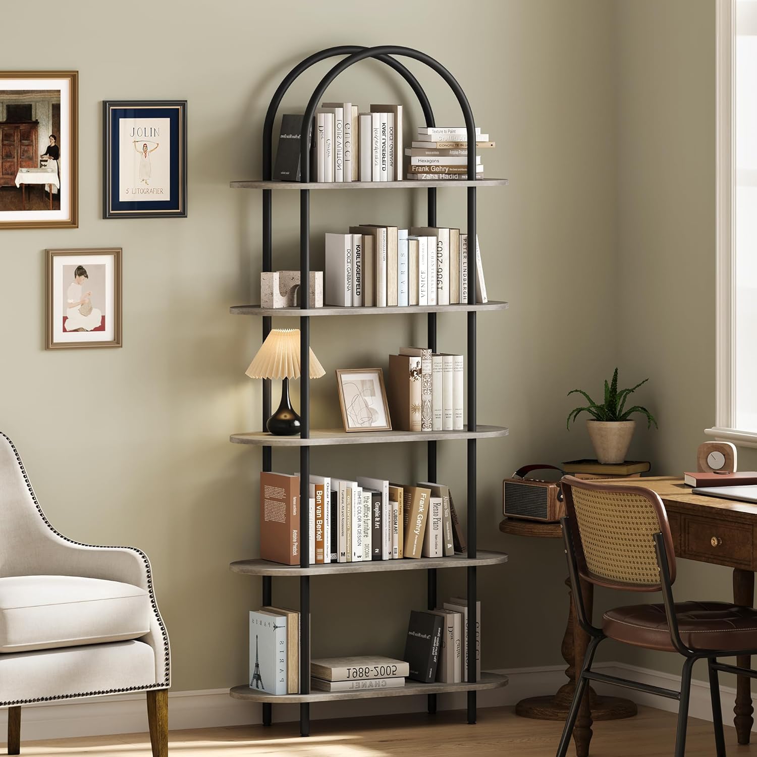 Libreria a 5 ripiani, alta ad arco, 80 x 30 x 180 cm, con struttura in metallo, moderna espositore con piedini regolabili, scaffale aperto autoportante per camera da letto, soggiorno, nero+grigio