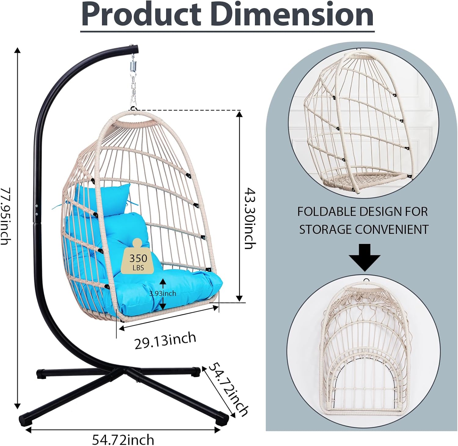 Hanging Egg Chair with Stand, HDPE Rattan and Heavy Duty Aluminum-Steel Frame, Outdoor Patio Wicker Foldable Swing Egg Chair with UV-Resistant Cushioned, 350LBS Capacity (Blue)