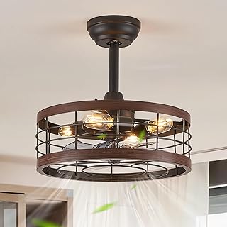 LEDIARY 16.5in Caged Ceiling Fan With Light, Bladeless Industrial Ceiling Fan With Remote, Rustic Metal Fan Lights Ceiling Fixtures For Kitchen, Farmhouse, Bedroom（6 Speed,1/2/4/8h Timing）-Walnut