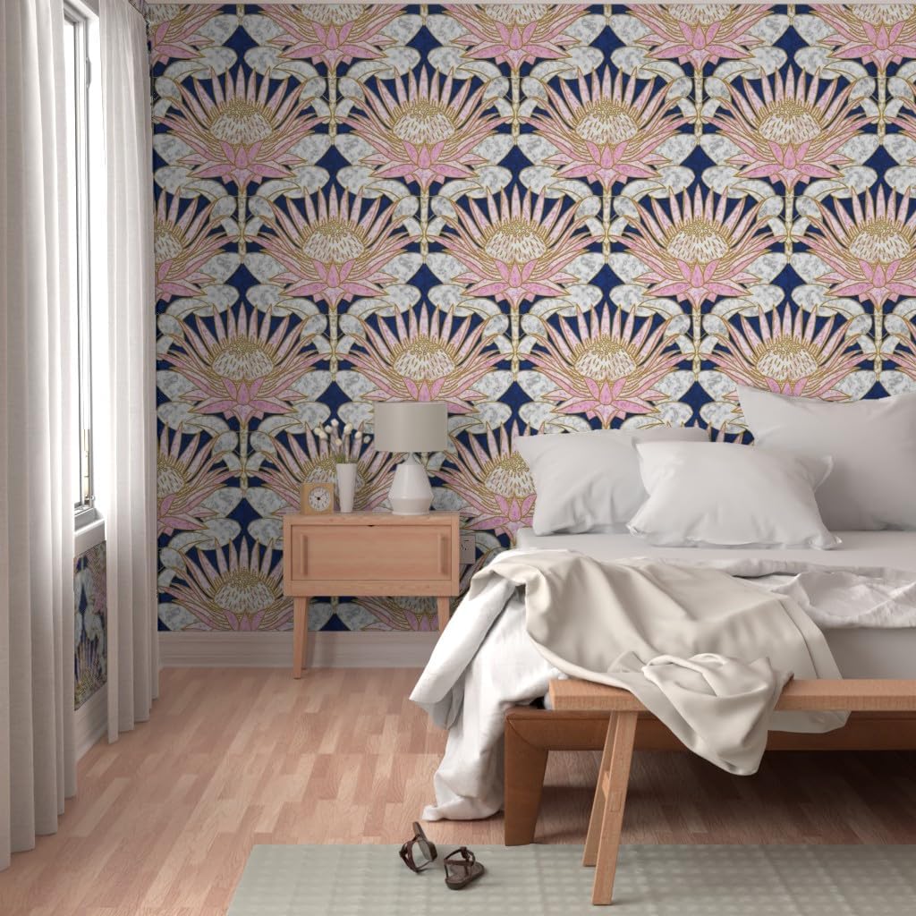 Peel & Stick Wallpaper 6ft x 2ft - Art Deco, Blush, Protea, Glam, Pink, Navy, Gold, Marble Look, 1920S, Hollywood, Blue, Large Scale, Custom Removable Wallpaper by Spoonflower