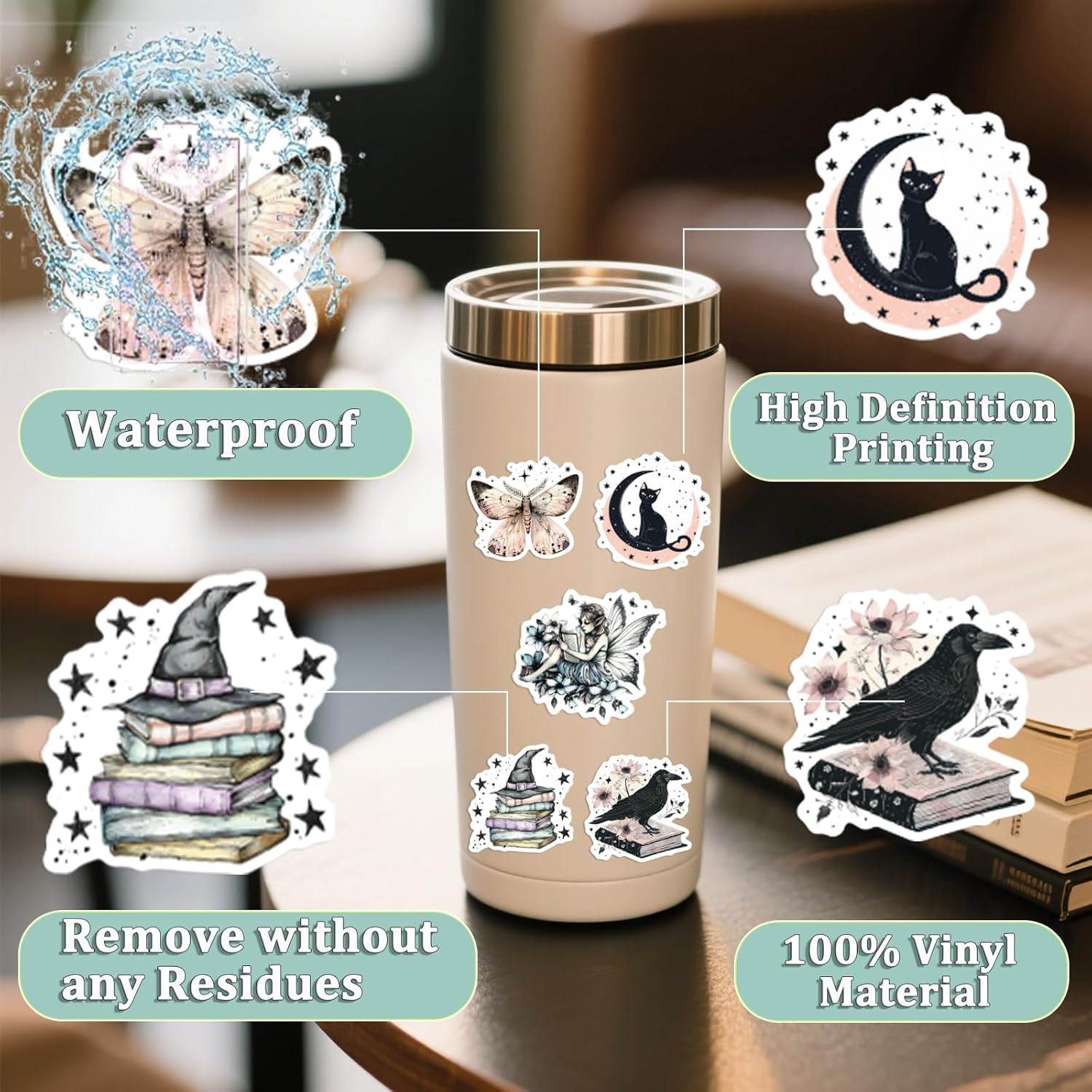 50PCS Romantasy Stickers, Fantasy Gothic Bookish Sticker Aesthetic Reading & Cottagecore Vinyl Decals with Fairies Books Moons Waterproof Scrapbook Stickers for Journaling, Laptops, Booktok Lovers - Image 3