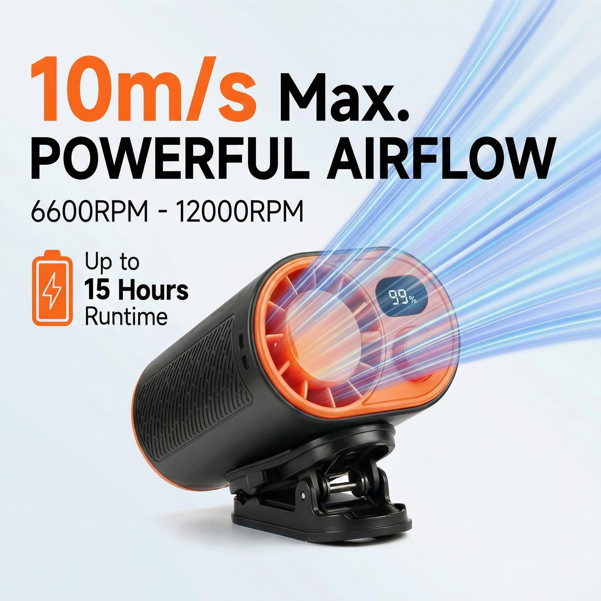 WHATOOK Ventilatore da cintura portatile: 1-100 regolazione continua della velocità con clip girevole a 360°, display digitale e funzione power bank da 10 W, ventilatore portatile per cantieri