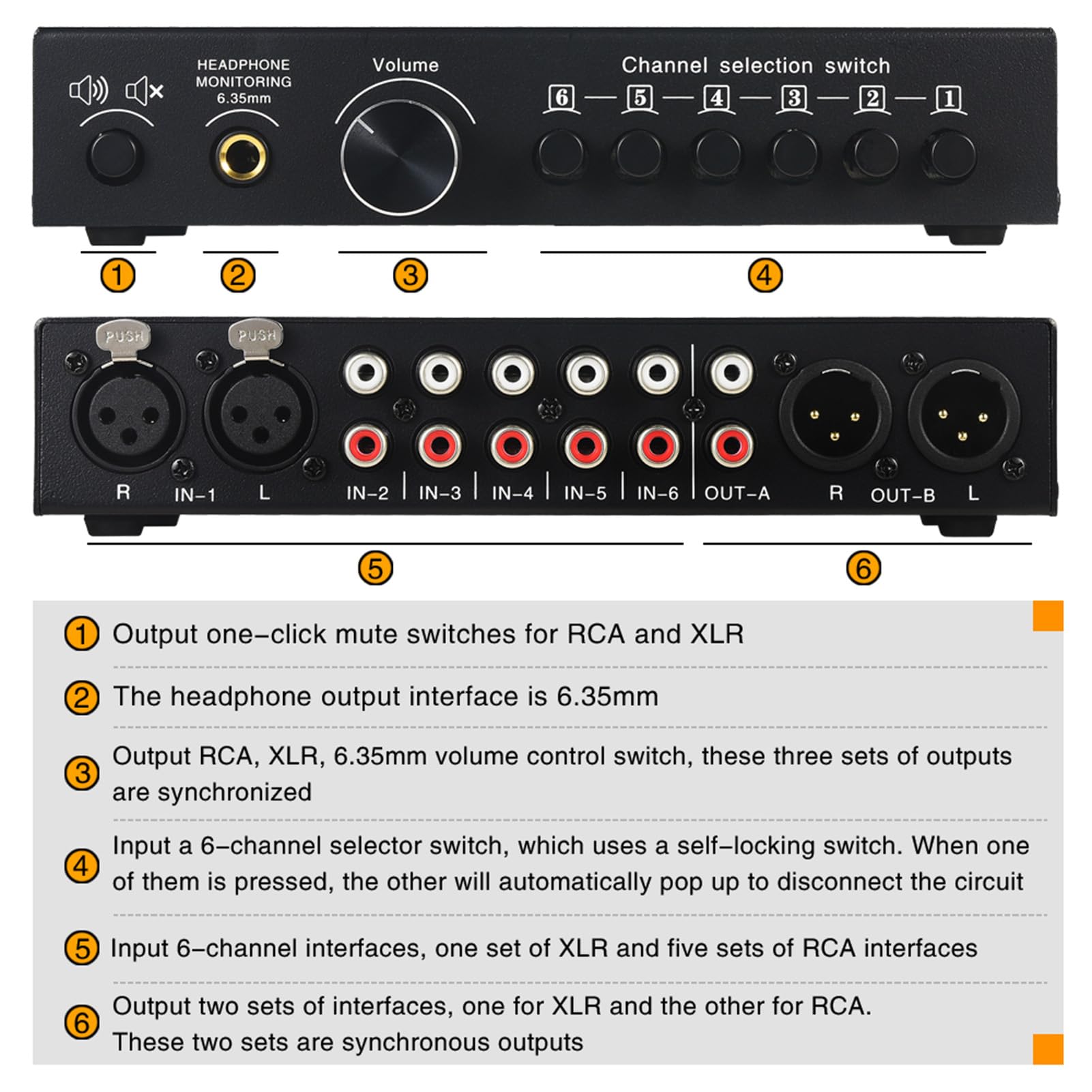 Selettore Ingresso Stereo Switcher Multicanale Versatile 6 Ingressi 3 Uscite per Altoparlanti Attivi con Uscita Sincronizzata XLR per Professionisti Dell'audio